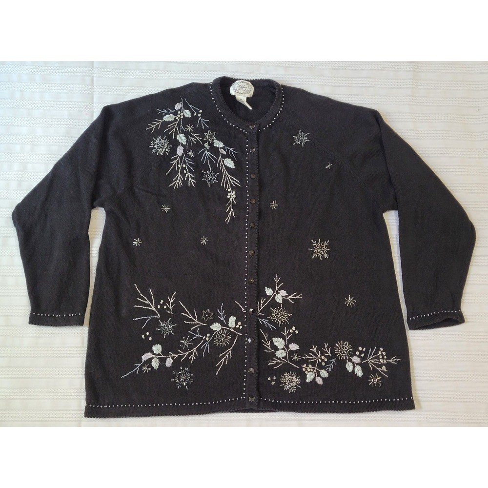 Stitches In Time Cardigan Sweater 2X Black Silver Embroidery Embellished Holiday